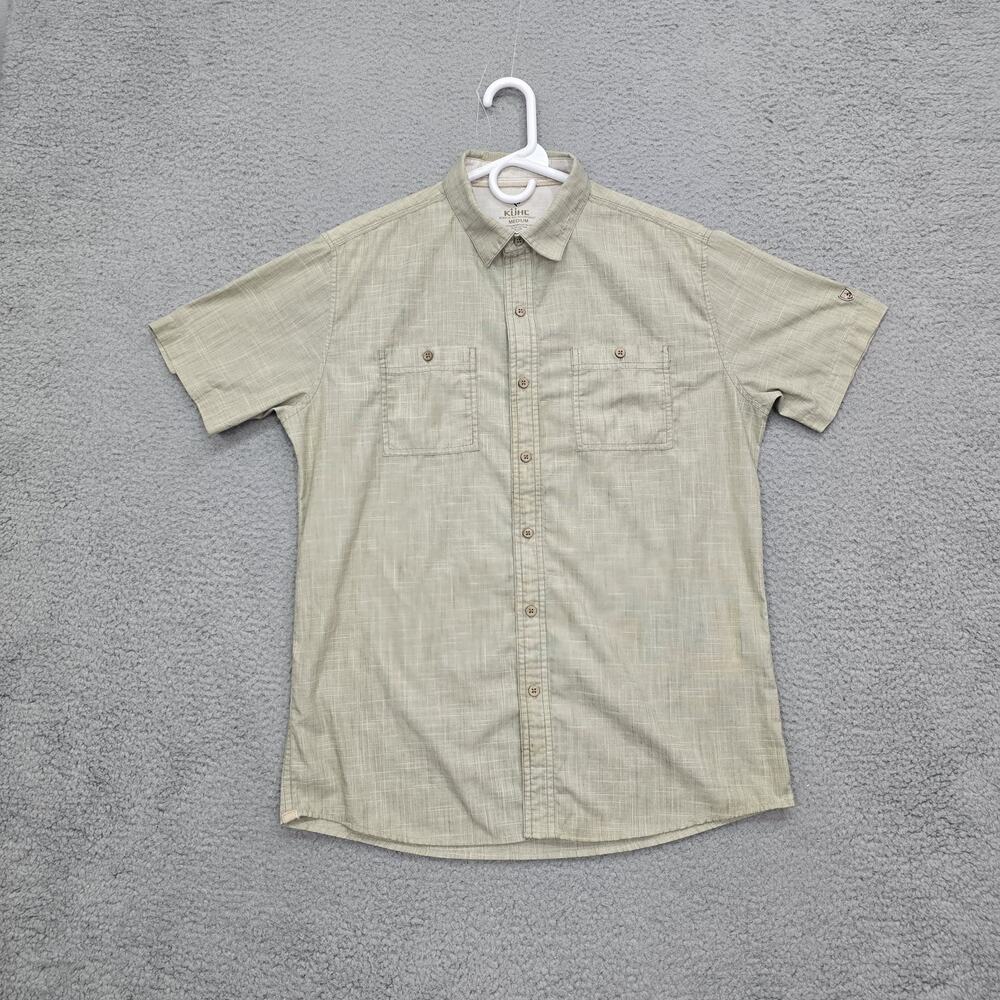 Kuhl Men's Karib Stripe Short Sleeve Cotton Blend Button Up Shirt Beige Medium